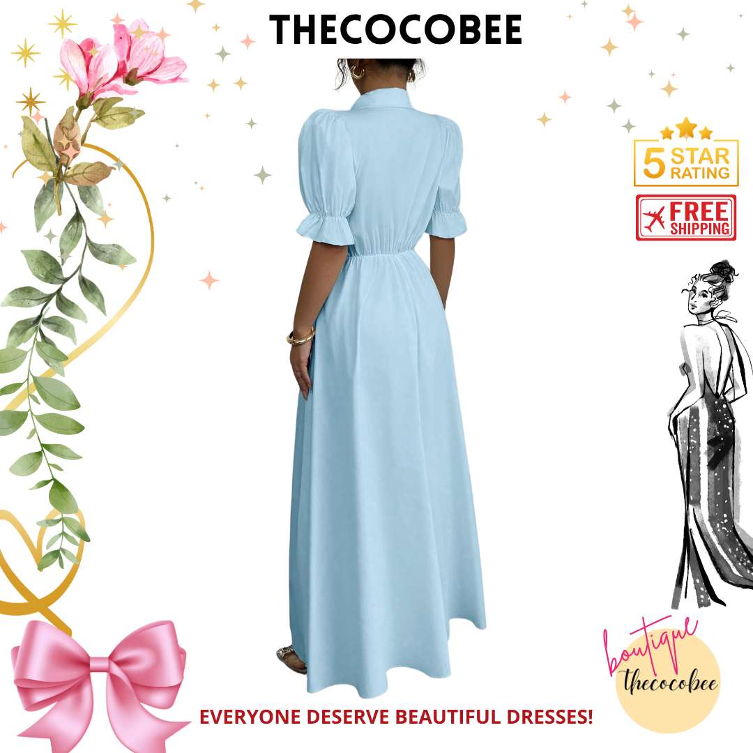 #111 Baby Blue Elegant Turndown Collar Single-Breasted Waist Puff Sleeve Solid Color Dress For Women