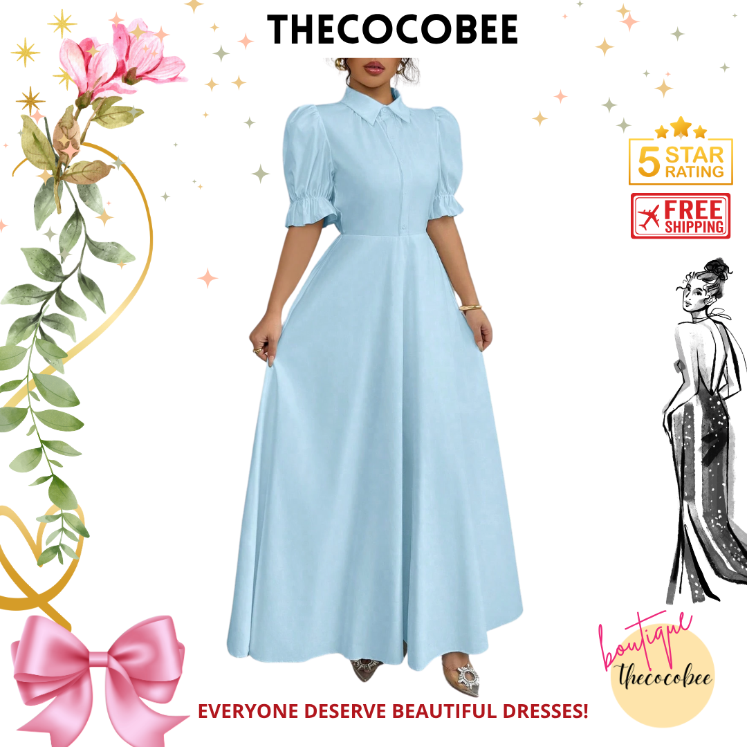 #111 Baby Blue Elegant Turndown Collar Single-Breasted Waist Puff Sleeve Solid Color Dress For Women