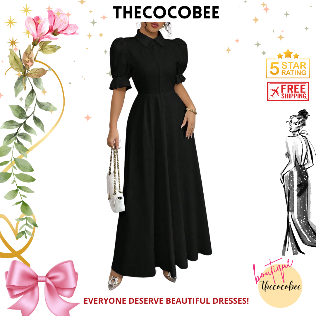 #111 Black Elegant Stand Collar Single-Breasted Cinched Waist Puff Sleeve Solid Color Dress For Women