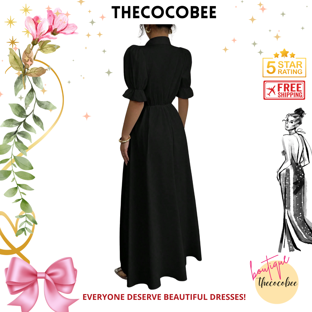 #111 Black Elegant Stand Collar Single-Breasted Cinched Waist Puff Sleeve Solid Color Dress For Women