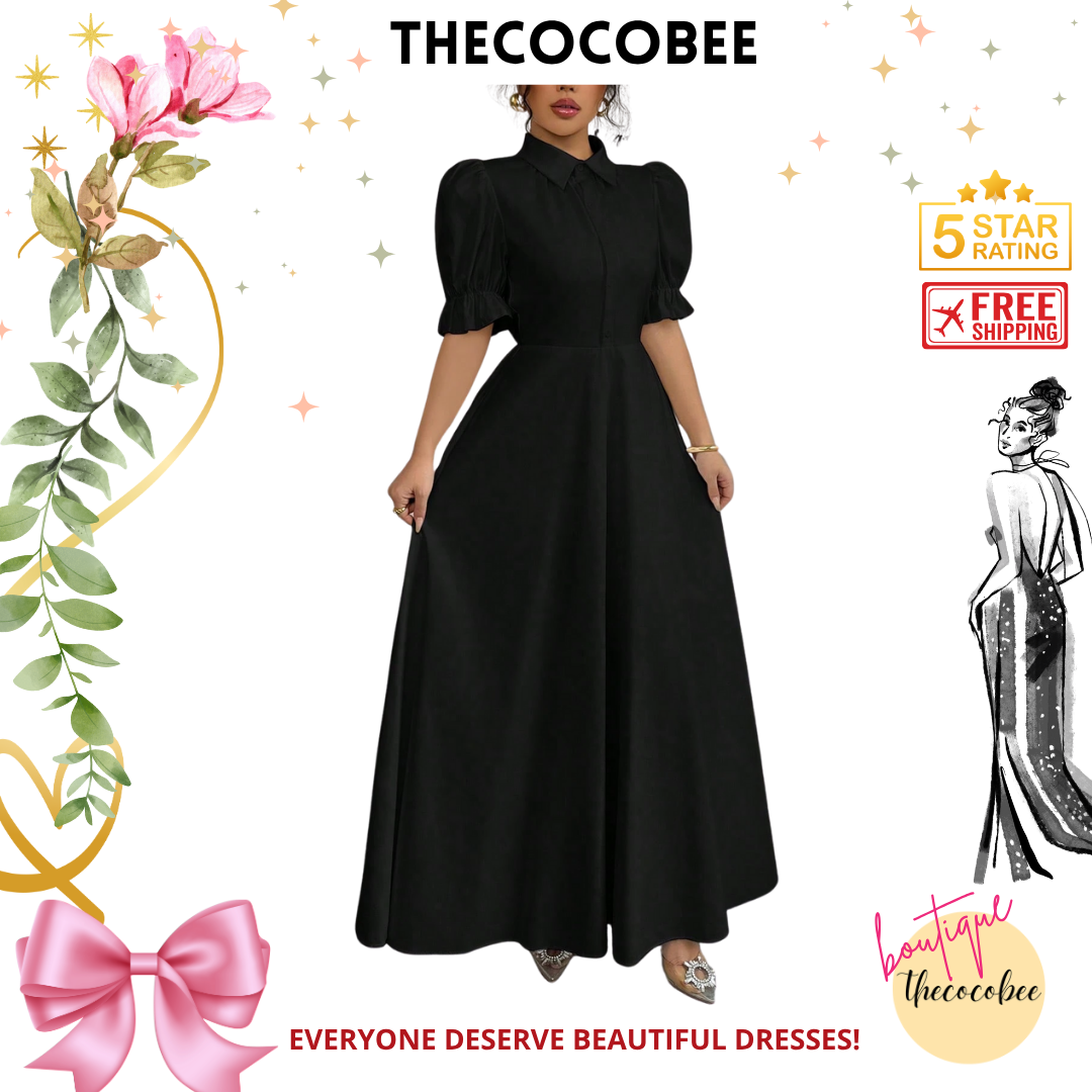 #111 Black Elegant Stand Collar Single-Breasted Cinched Waist Puff Sleeve Solid Color Dress For Women