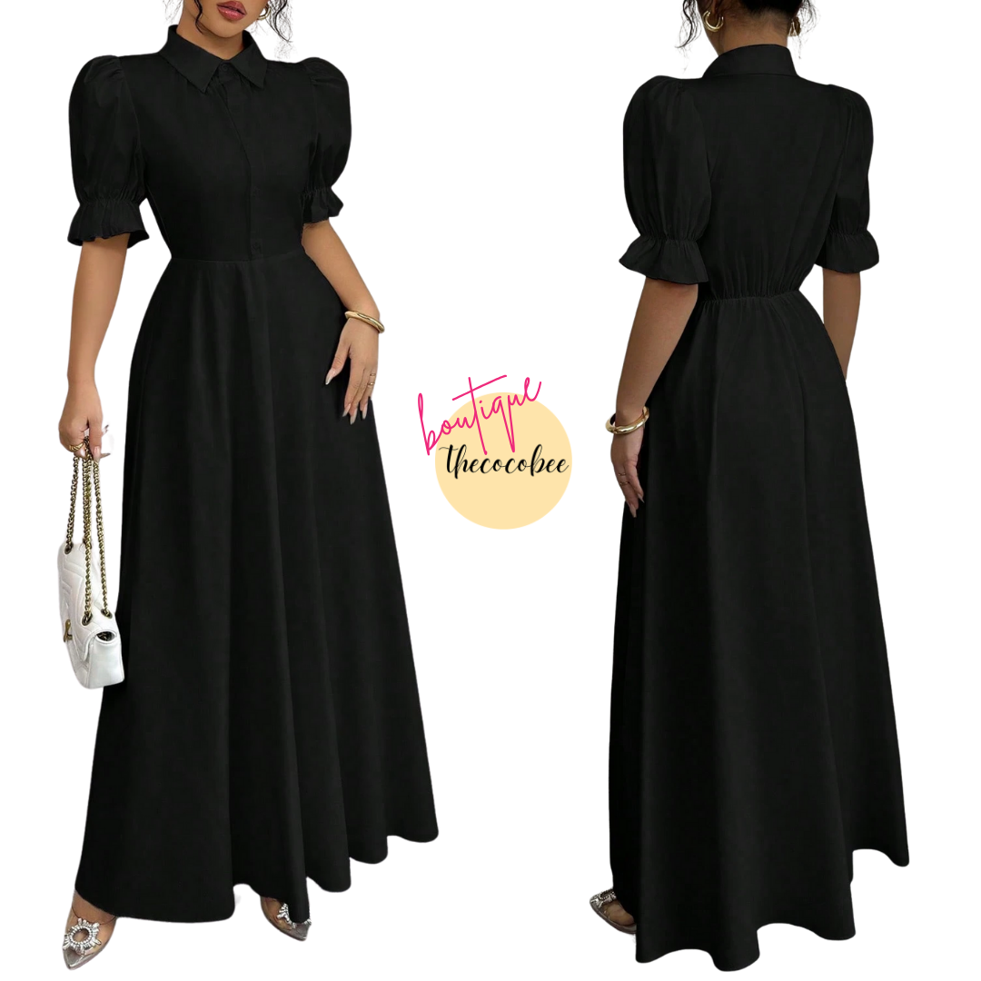#111 Black Elegant Stand Collar Single-Breasted Cinched Waist Puff Sleeve Solid Color Dress For Women