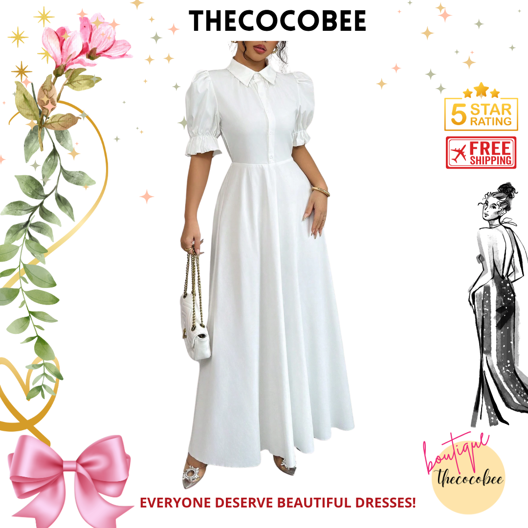 #111 White Elegant Turn-Down Collar Single-Breasted Cinched Waist Puff Sleeve Solid Color Dress For Women