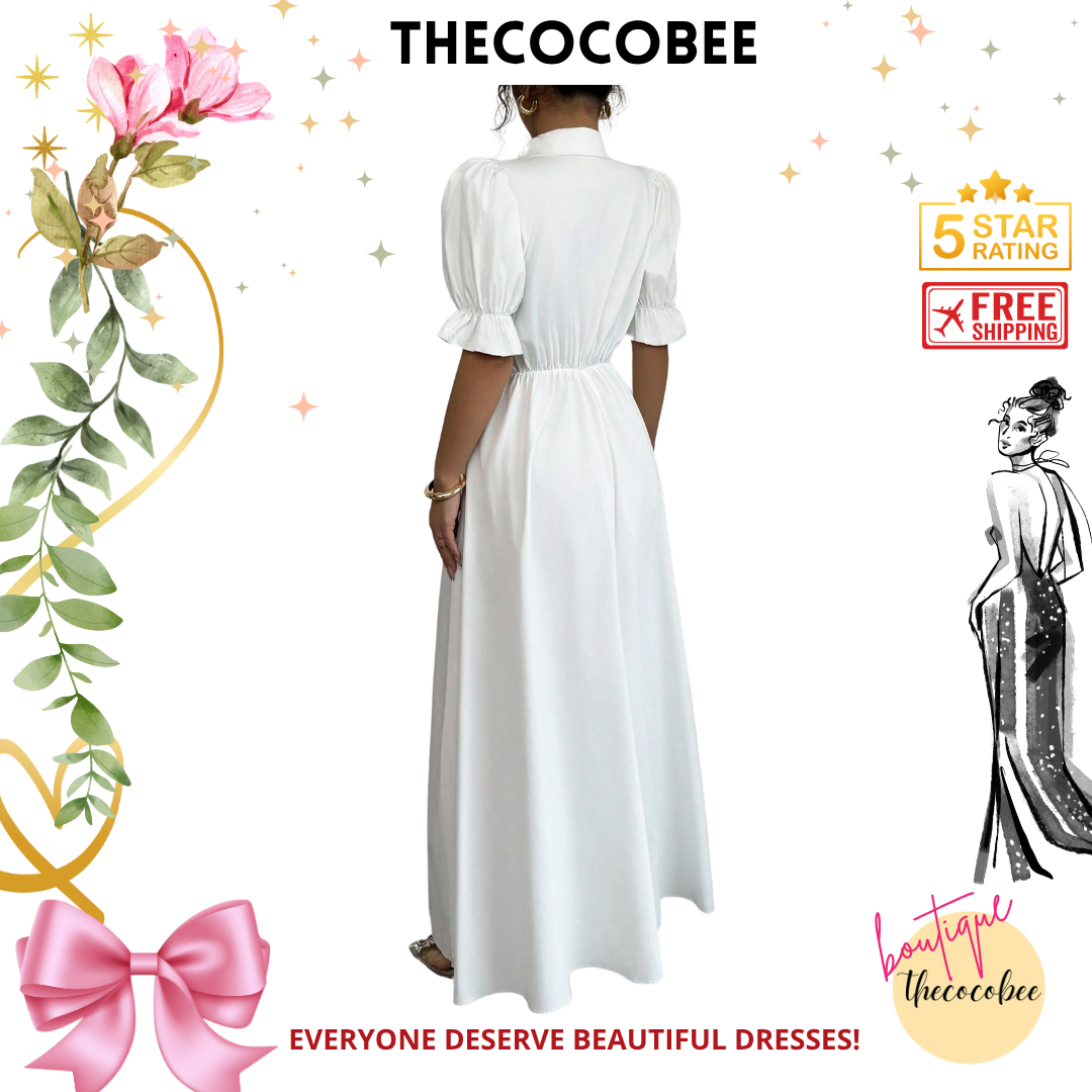 #111 White Elegant Turn-Down Collar Single-Breasted Cinched Waist Puff Sleeve Solid Color Dress For Women