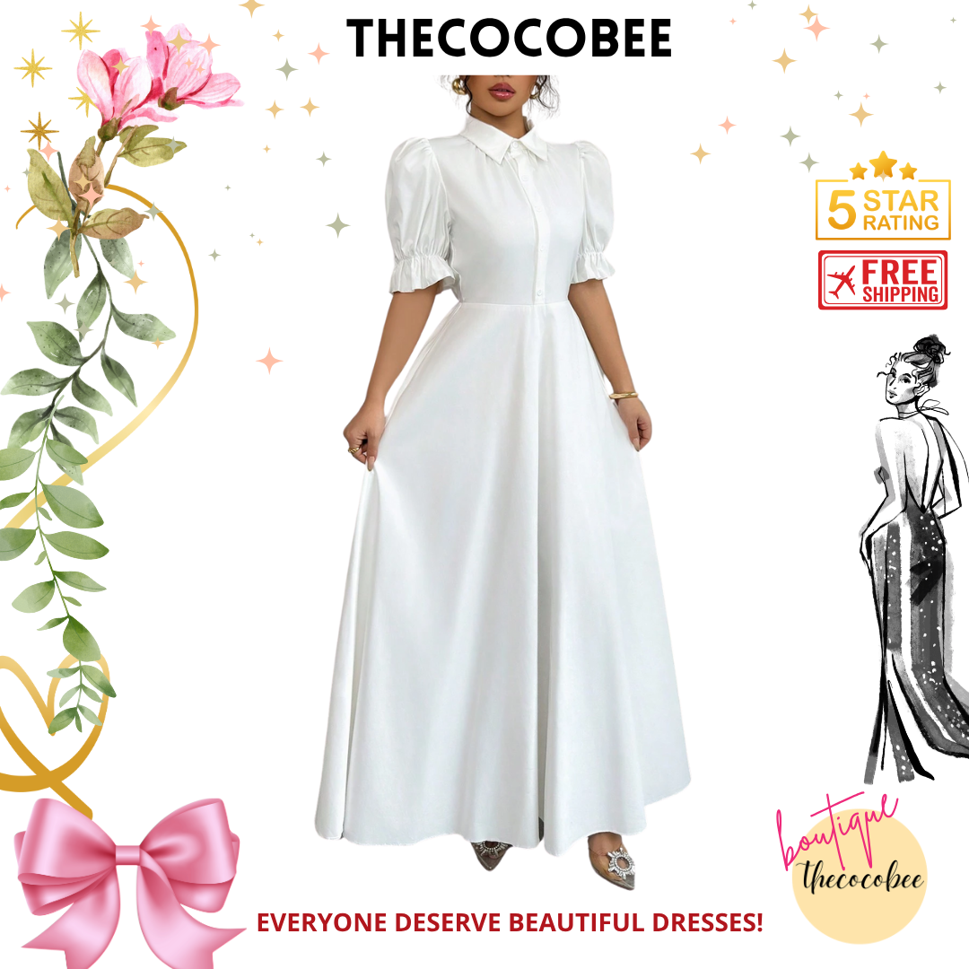 #111 White Elegant Turn-Down Collar Single-Breasted Cinched Waist Puff Sleeve Solid Color Dress For Women
