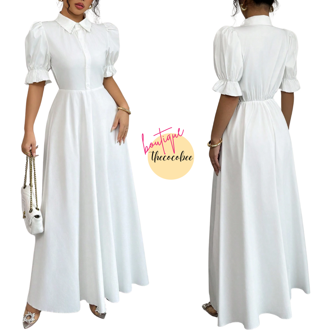 #111 White Elegant Turn-Down Collar Single-Breasted Cinched Waist Puff Sleeve Solid Color Dress For Women