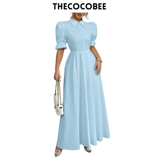 #111 Baby Blue Elegant Turndown Collar Single-Breasted Waist Puff Sleeve Solid Color Dress For Women