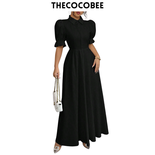 #111 Black Elegant Stand Collar Single-Breasted Cinched Waist Puff Sleeve Solid Color Dress For Women