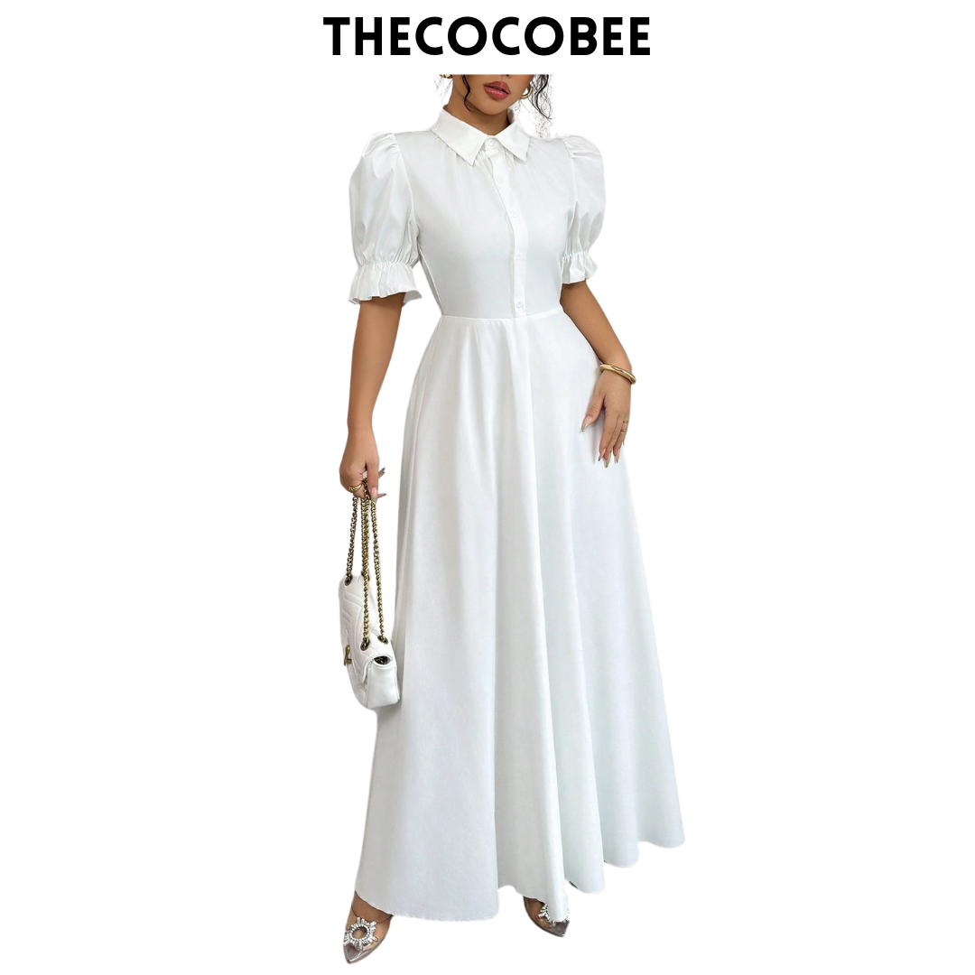 #111 White Elegant Turn-Down Collar Single-Breasted Cinched Waist Puff Sleeve Solid Color Dress For Women