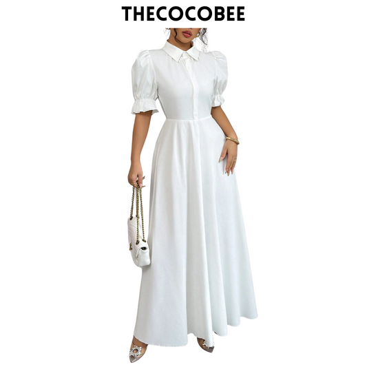 #111 White Elegant Turn-Down Collar Single-Breasted Cinched Waist Puff Sleeve Solid Color Dress For Women