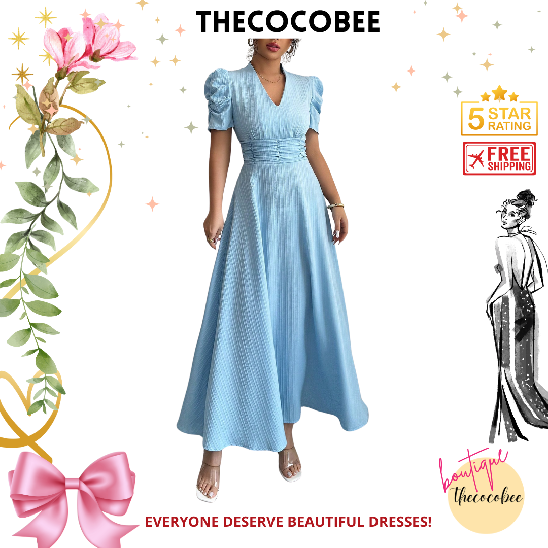 #112 Baby Blue Solid Color Bubble Sleeve V-Neck Dress Maxi Women Outfit