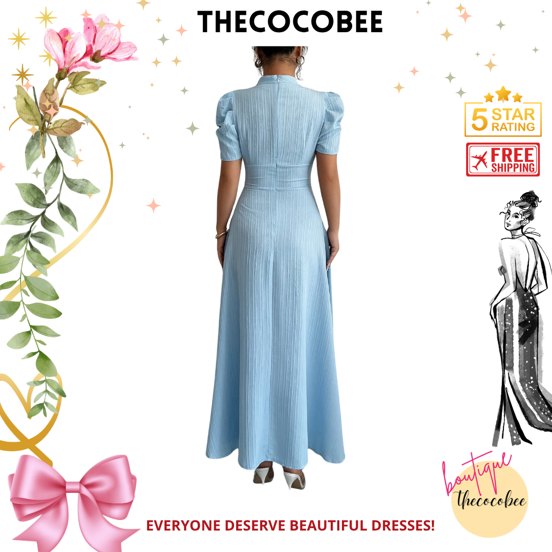 #112 Baby Blue Solid Color Bubble Sleeve V-Neck Dress Maxi Women Outfit