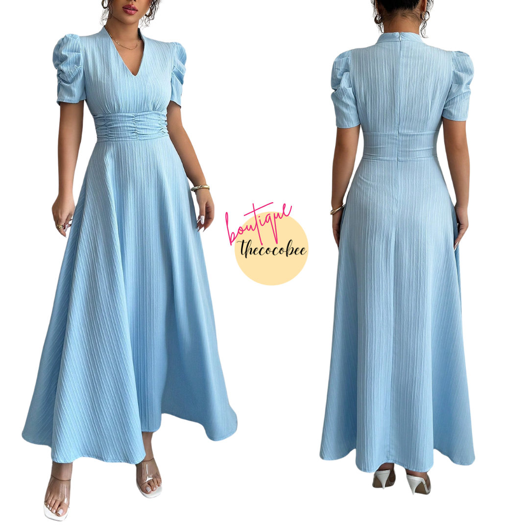 #112 Baby Blue Solid Color Bubble Sleeve V-Neck Dress Maxi Women Outfit