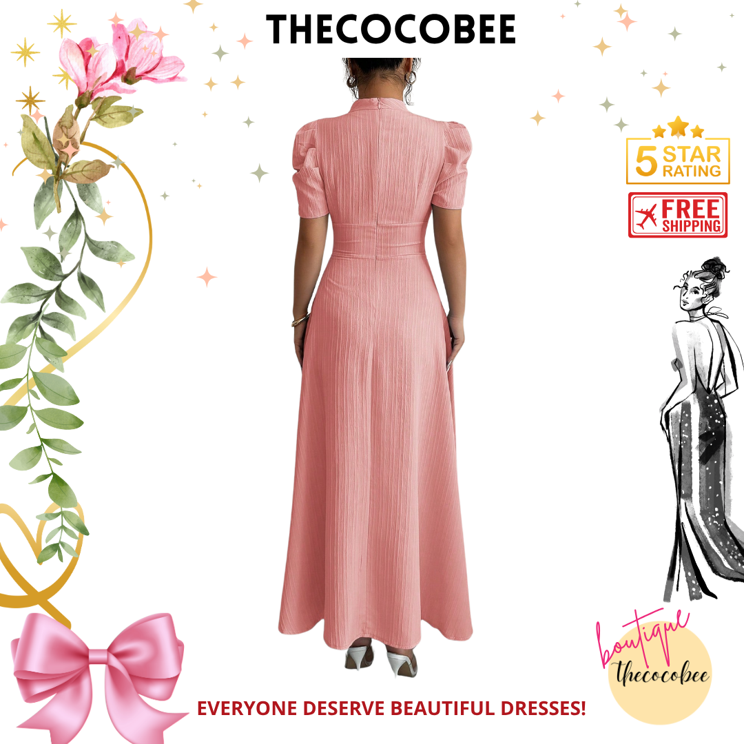 #112 Pink Solid V-Neck Ruched Waist Puff Sleeve Dress, Elegant Maxi Women Outfit