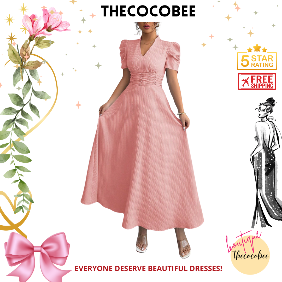 #112 Pink Solid V-Neck Ruched Waist Puff Sleeve Dress, Elegant Maxi Women Outfit