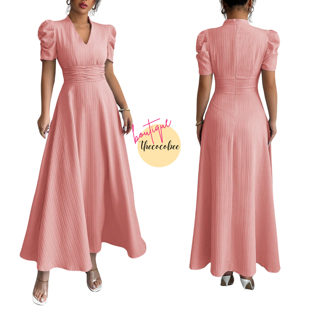 #112 Pink Solid V-Neck Ruched Waist Puff Sleeve Dress, Elegant Maxi Women Outfit