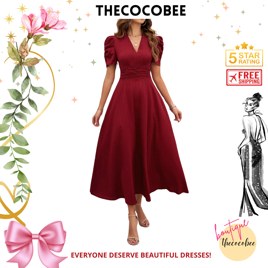 #112 Red Solid Color V-Neck Waist-Fitting A-Line Dress For New Year Clothes Maxi Women Outfit