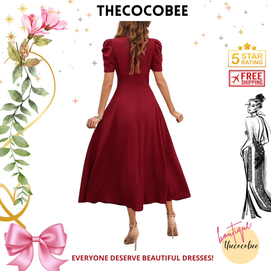 #112 Red Solid Color V-Neck Waist-Fitting A-Line Dress For New Year Clothes Maxi Women Outfit