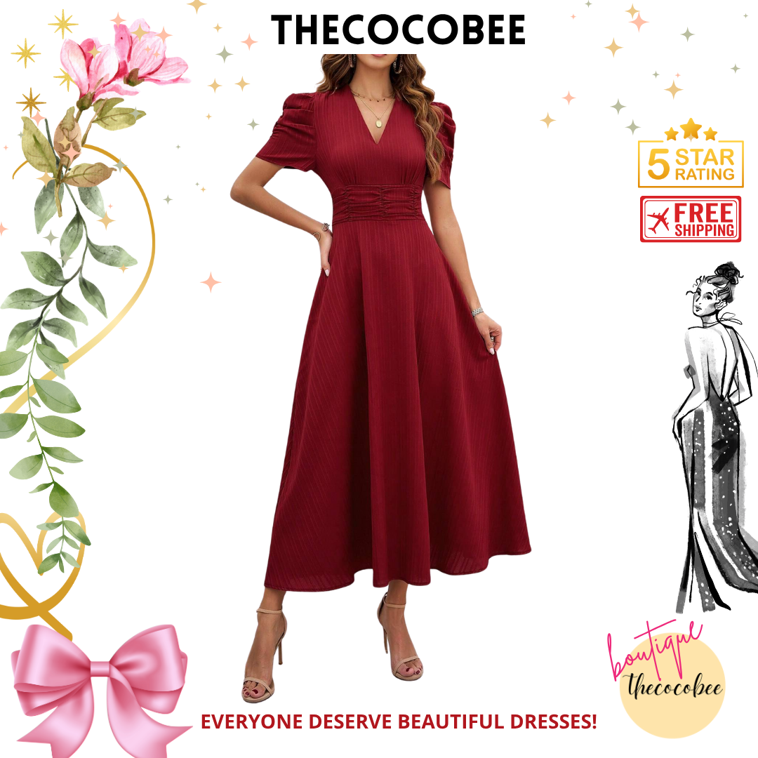 #112 Red Solid Color V-Neck Waist-Fitting A-Line Dress For New Year Clothes Maxi Women Outfit