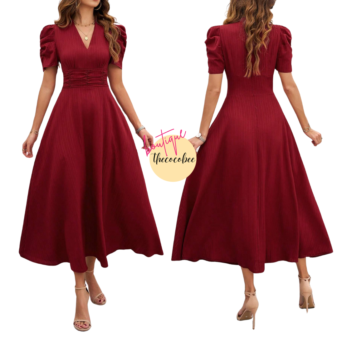 #112 Red Solid Color V-Neck Waist-Fitting A-Line Dress For New Year Clothes Maxi Women Outfit
