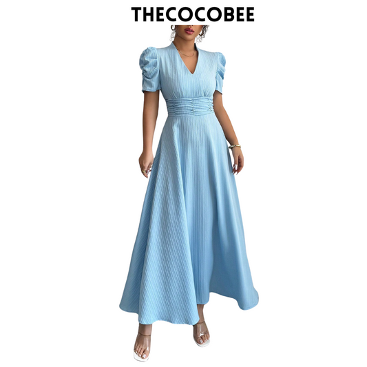 #112 Baby Blue Solid Color Bubble Sleeve V-Neck Dress Maxi Women Outfit