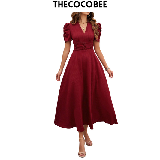 #112 Red Solid Color V-Neck Waist-Fitting A-Line Dress For New Year Clothes Maxi Women Outfit