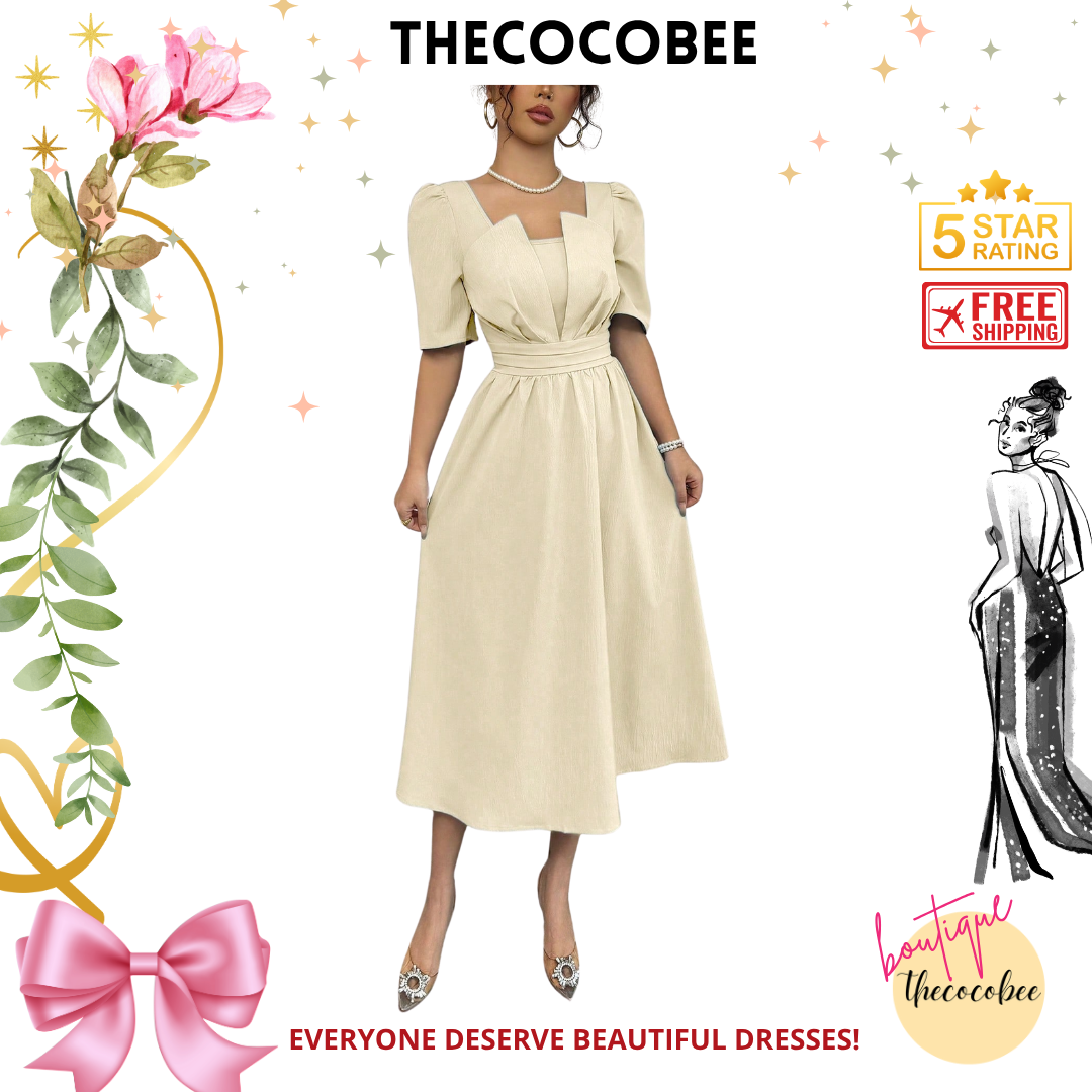 #113 Apricot Minimalist Waist-Cinched Midi Length Dress