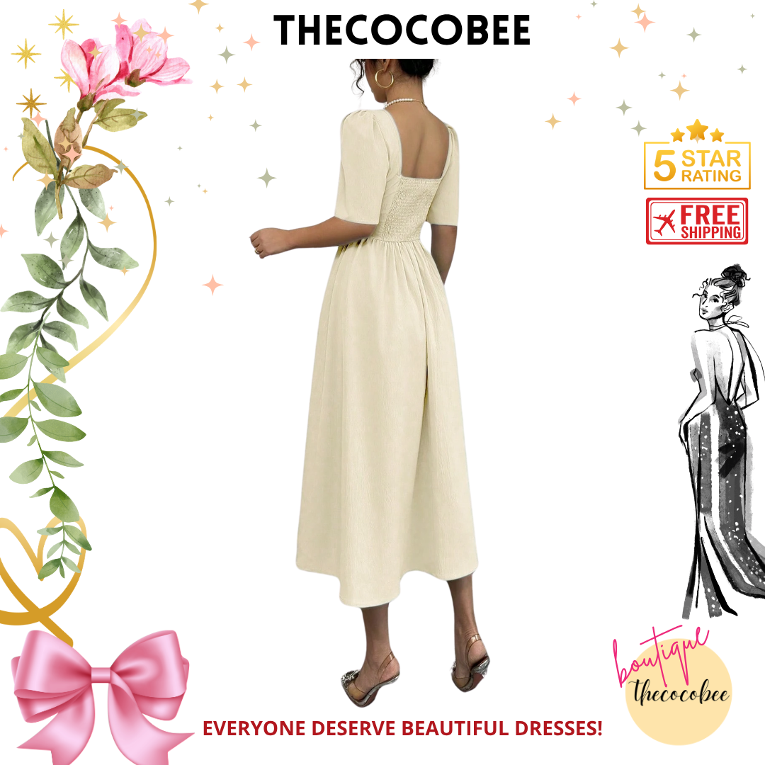 #113 Apricot Minimalist Waist-Cinched Midi Length Dress
