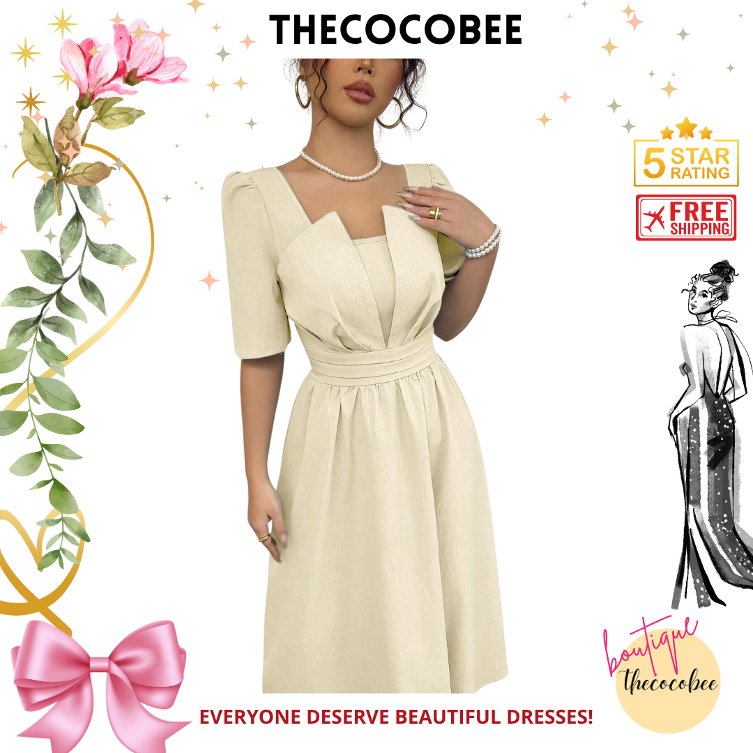#113 Apricot Minimalist Waist-Cinched Midi Length Dress
