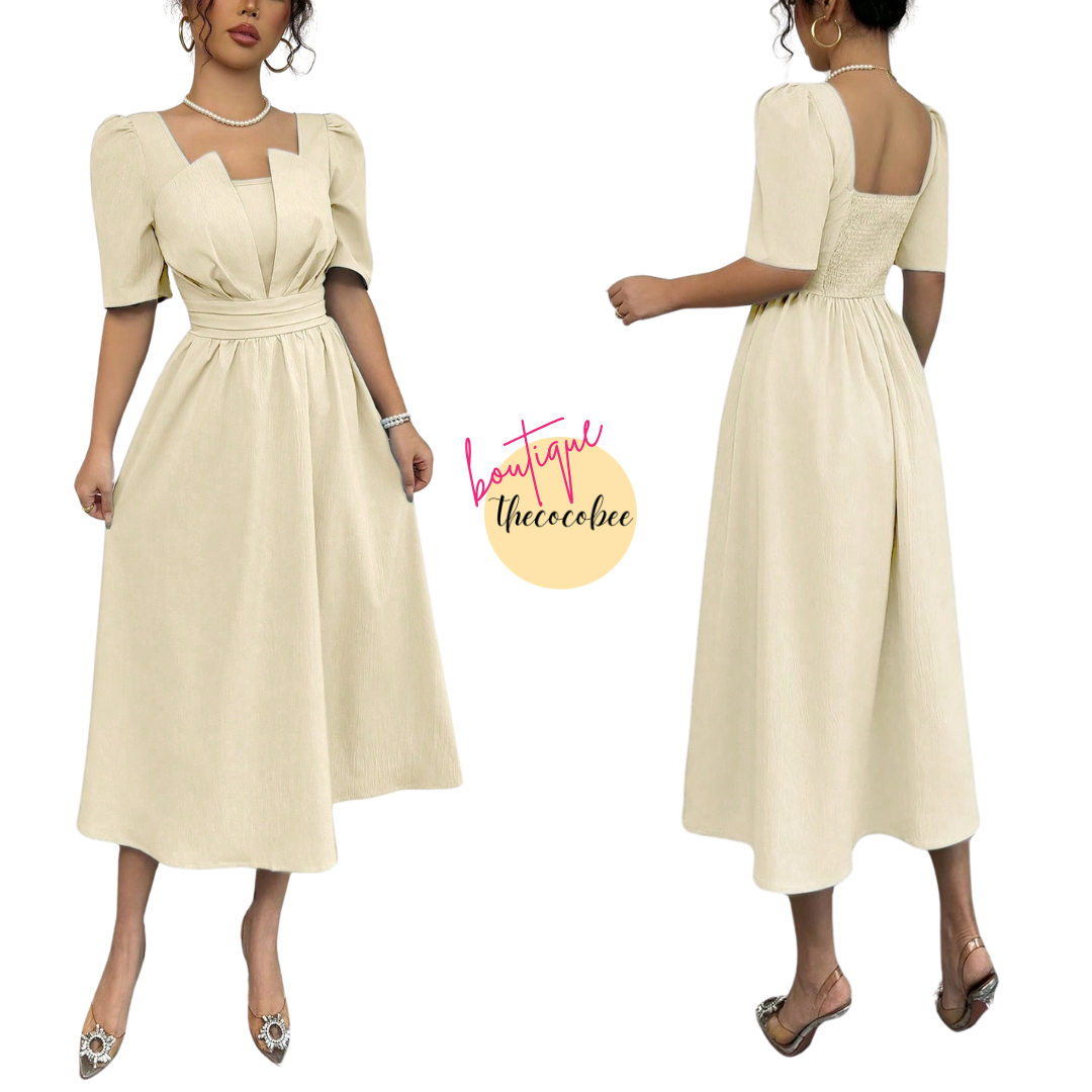 #113 Apricot Minimalist Waist-Cinched Midi Length Dress