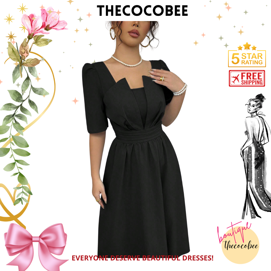 #113 Black Minimalist Waist Cinched Mid-Length Dress