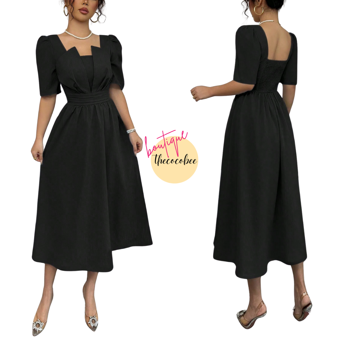 #113 Black Minimalist Waist Cinched Mid-Length Dress