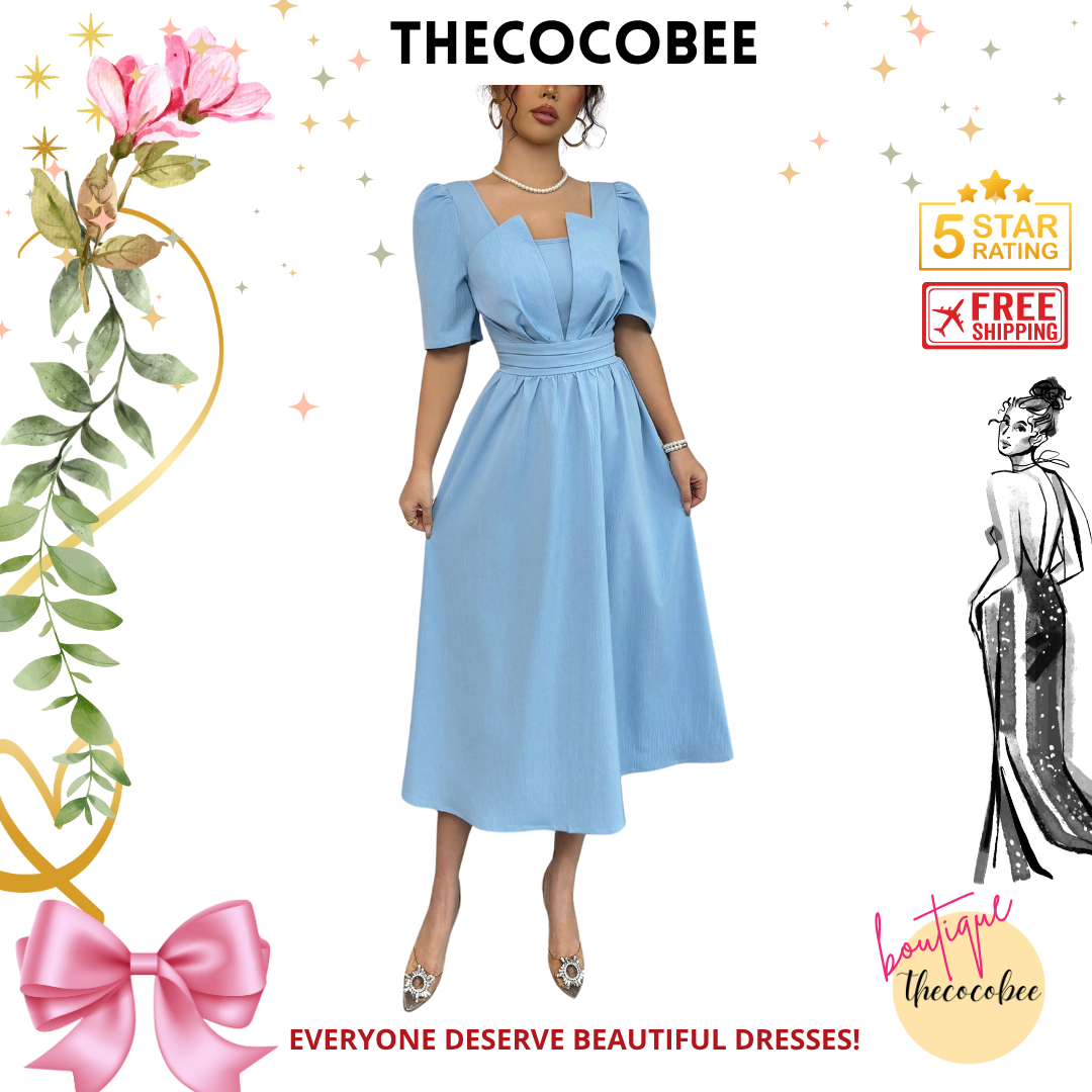 #113 Blue Minimalist Waist Cinching Mid-Length Dress