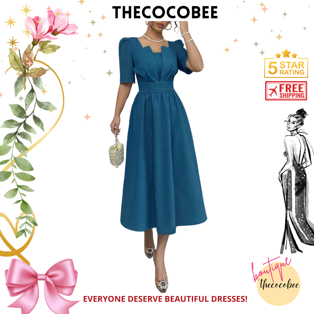 #113 Lake Blue Minimalist Cinch Waist Mid-Length Dress