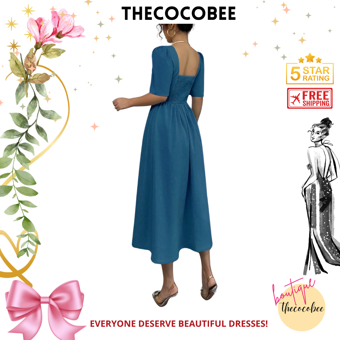 #113 Lake Blue Minimalist Cinch Waist Mid-Length Dress