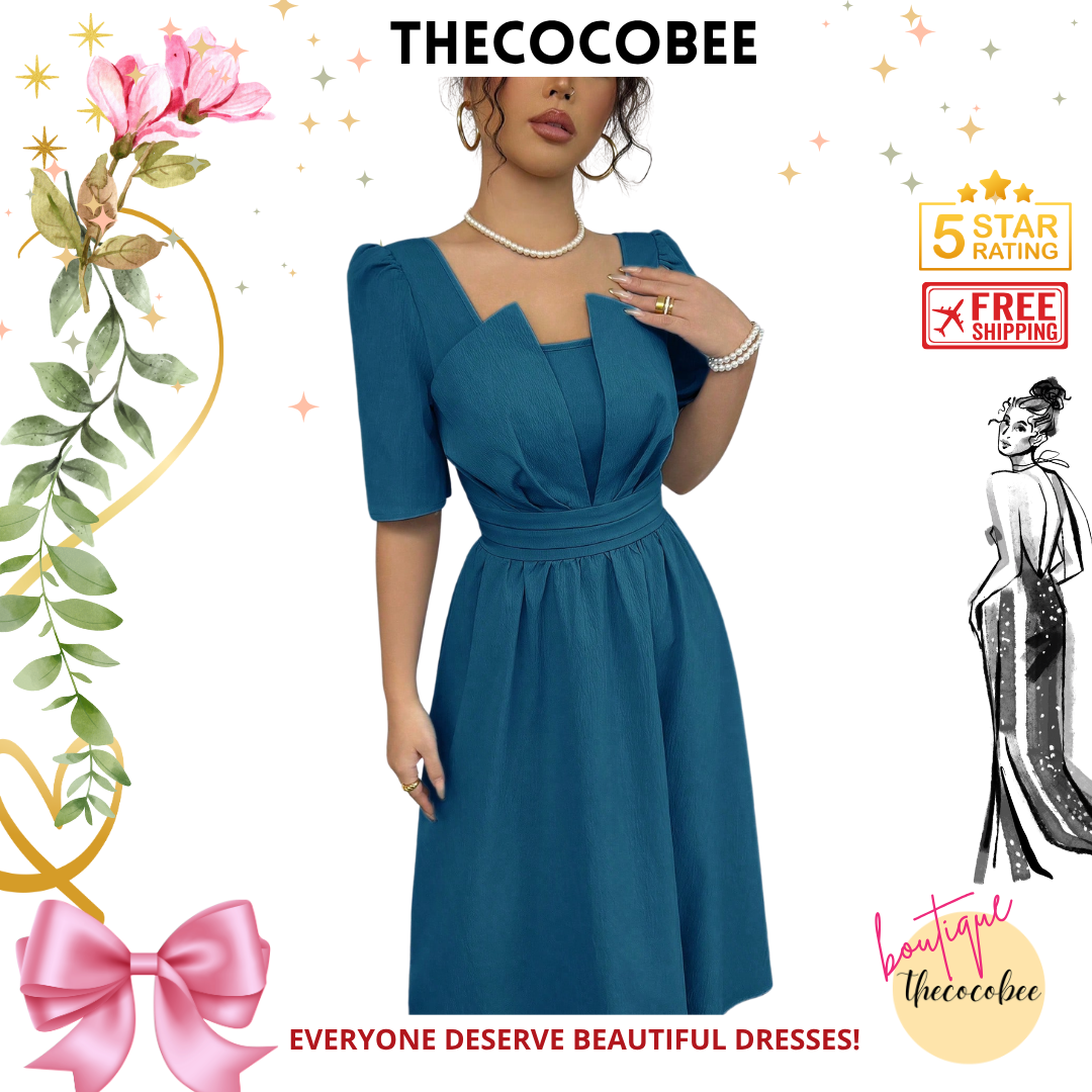 #113 Lake Blue Minimalist Cinch Waist Mid-Length Dress