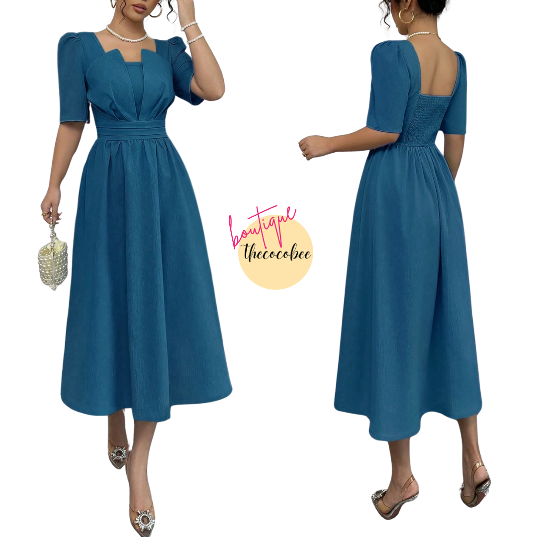 #113 Lake Blue Minimalist Cinch Waist Mid-Length Dress