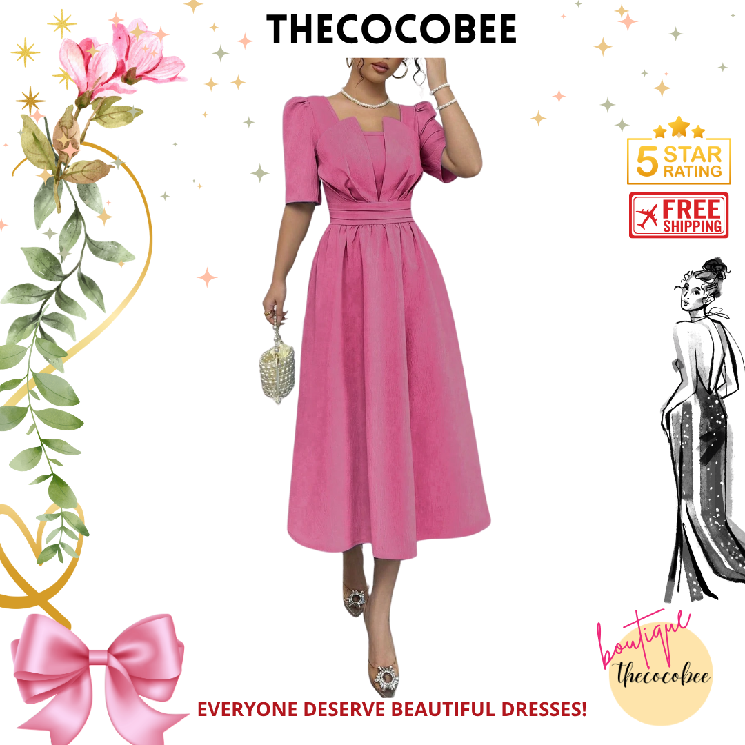 #113 Pink Minimalist Waist-Cinched Mid-Calf Length Dress, Slimming
