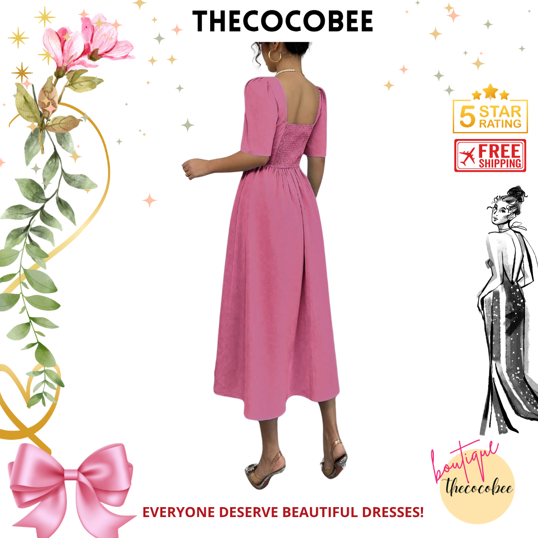 #113 Pink Minimalist Waist-Cinched Mid-Calf Length Dress, Slimming