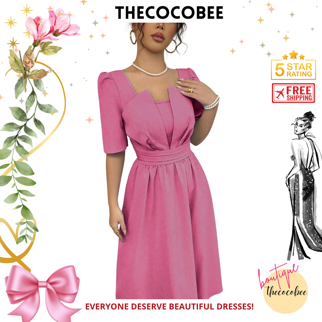 #113 Pink Minimalist Waist-Cinched Mid-Calf Length Dress, Slimming