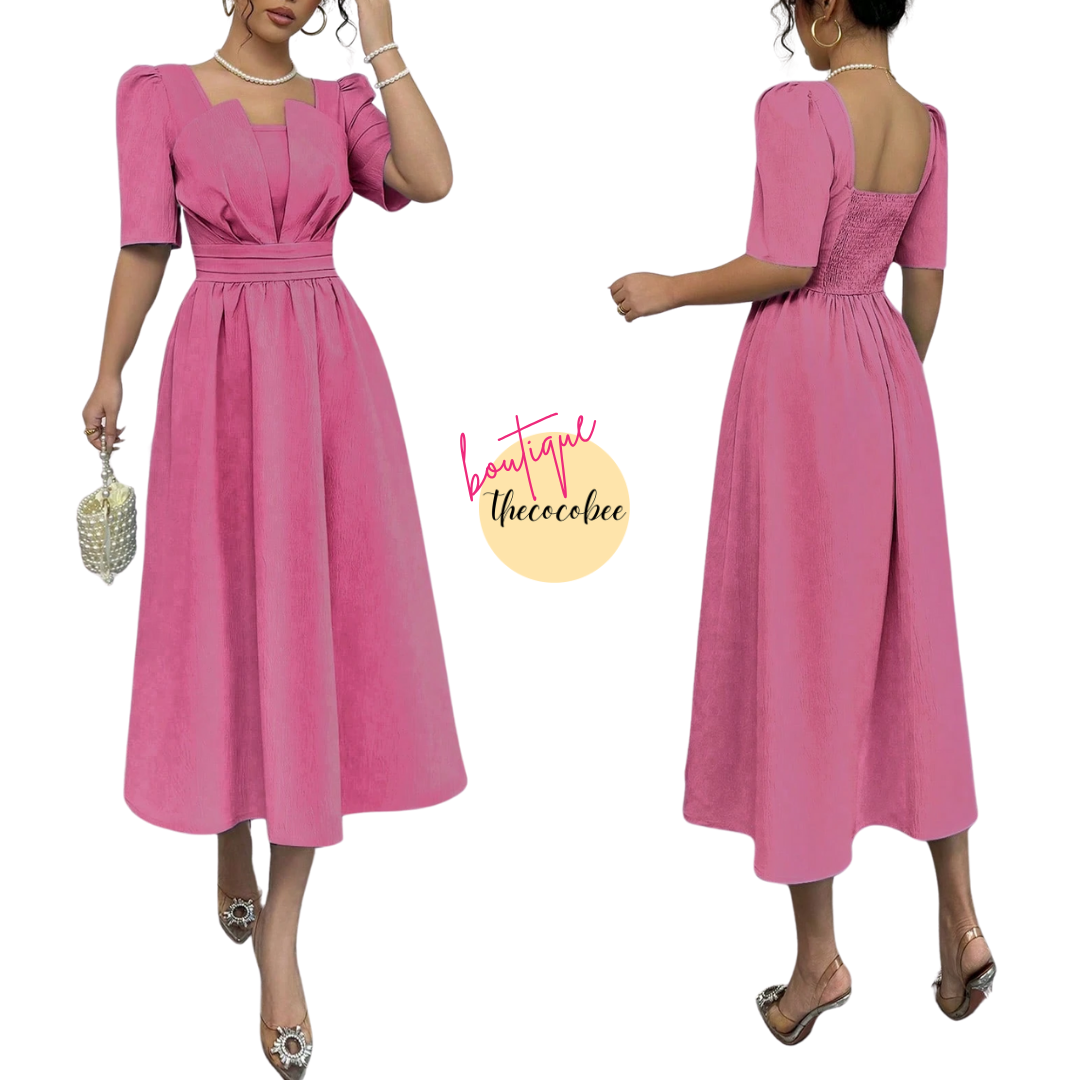 #113 Pink Minimalist Waist-Cinched Mid-Calf Length Dress, Slimming