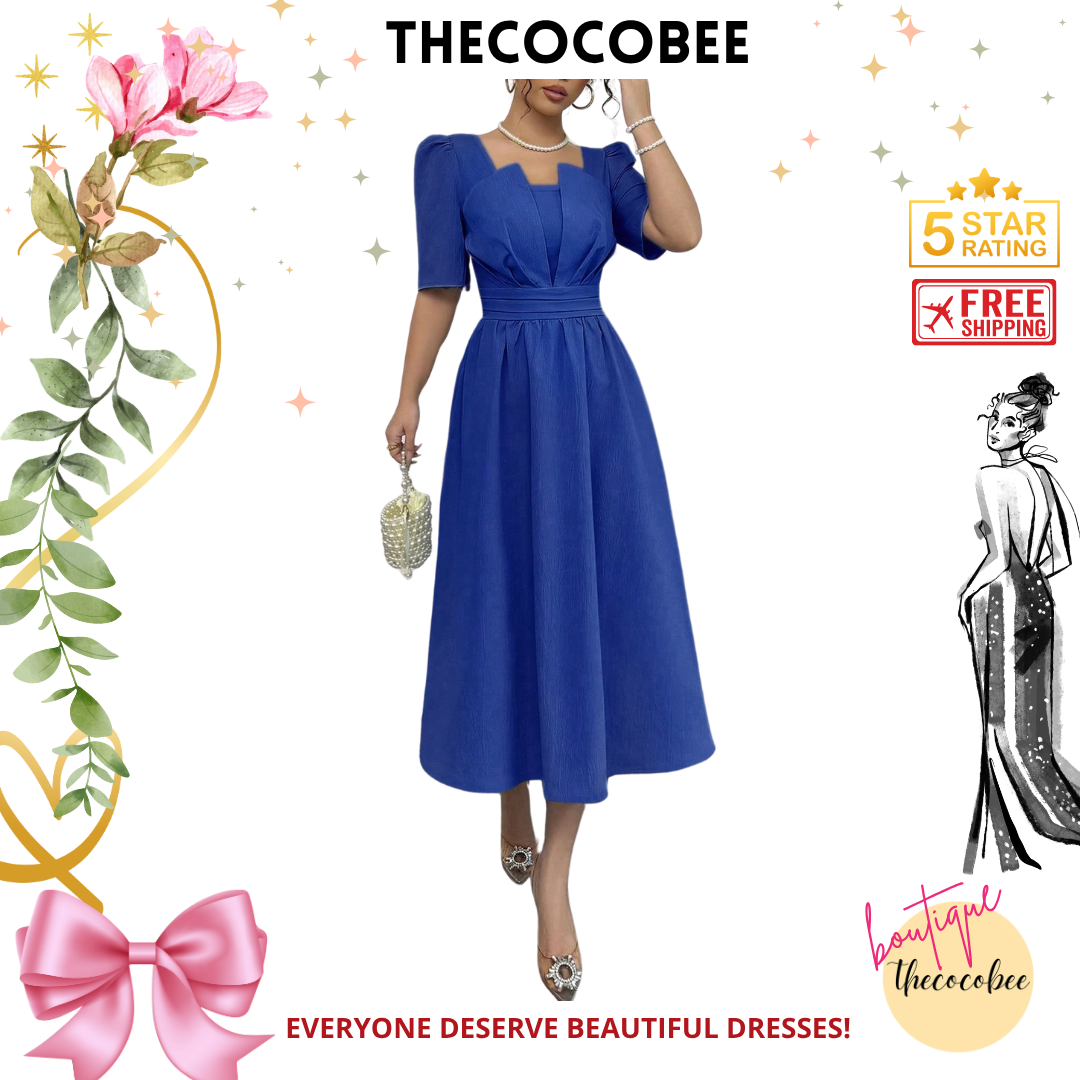 #113 Royal Blue Minimalist Waist-Cinched Mid-Length Dress
