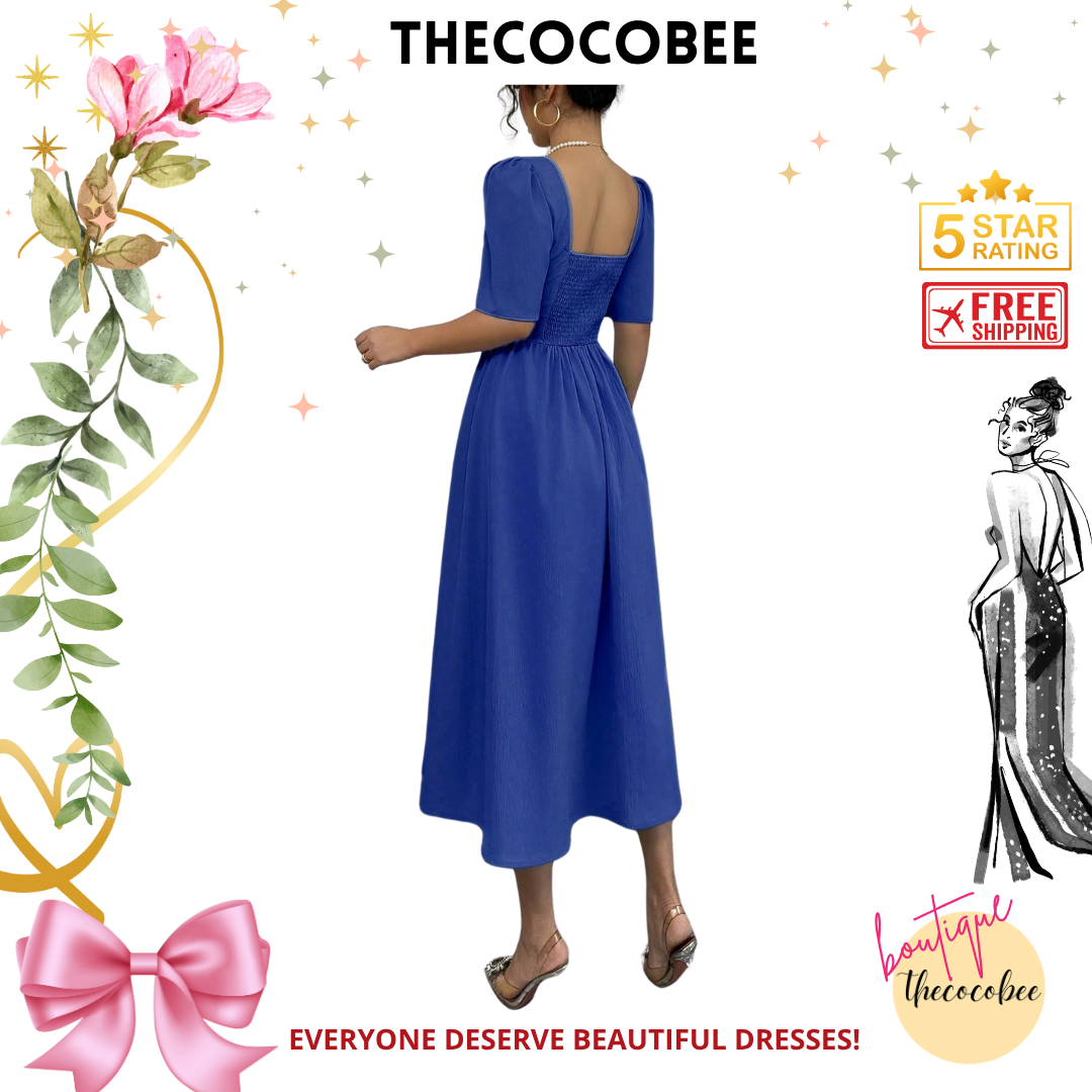 #113 Royal Blue Minimalist Waist-Cinched Mid-Length Dress