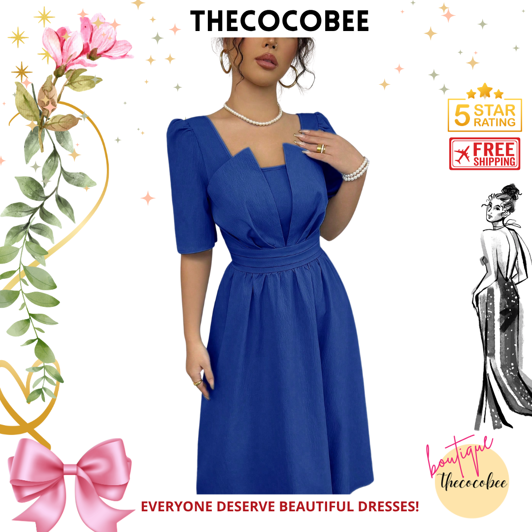#113 Royal Blue Minimalist Waist-Cinched Mid-Length Dress