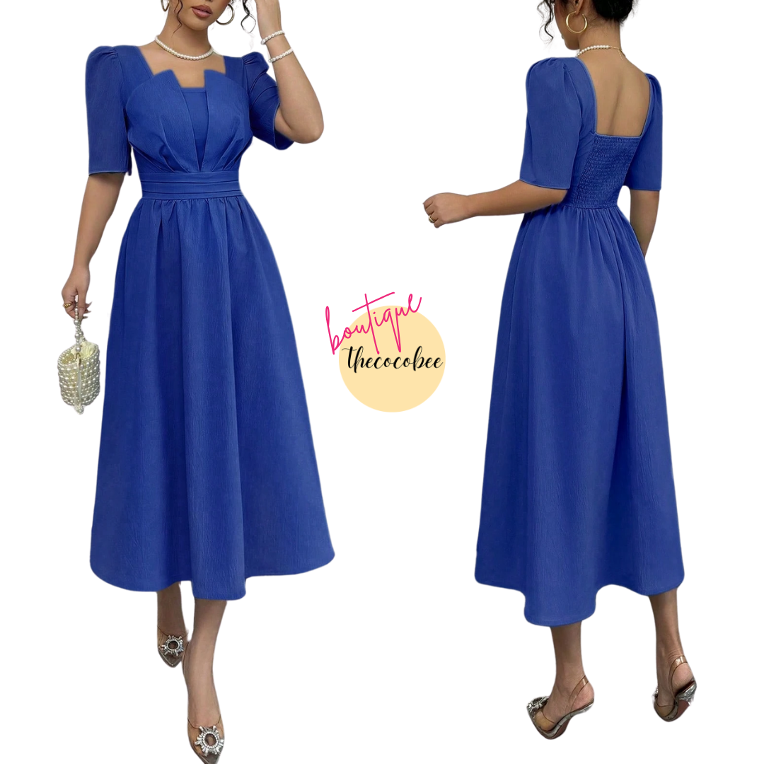 #113 Royal Blue Minimalist Waist-Cinched Mid-Length Dress