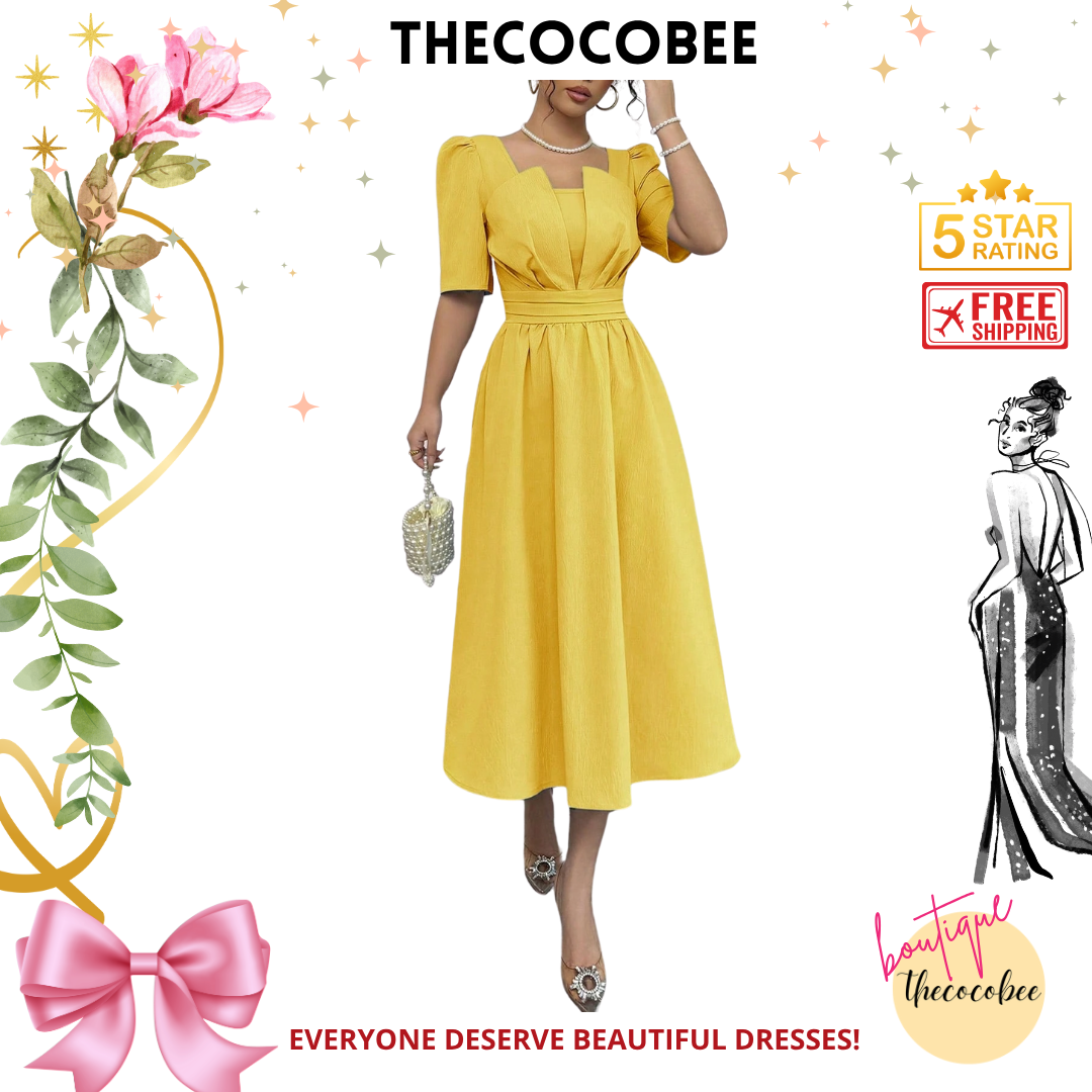 #113 Yellow Minimalist Waist Cinching Midi Dress