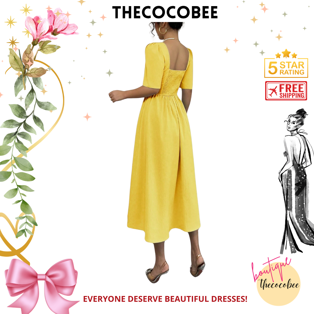 #113 Yellow Minimalist Waist Cinching Midi Dress