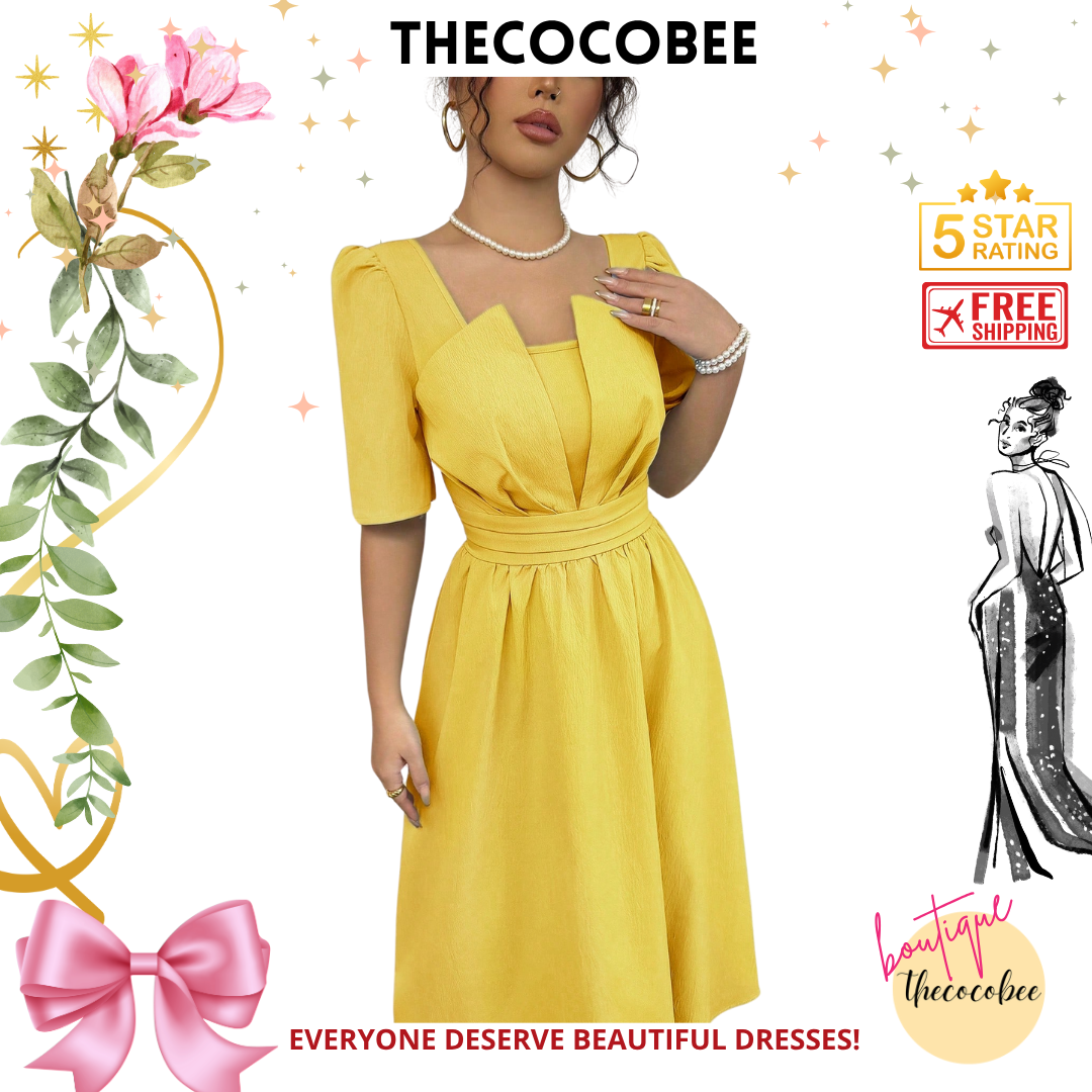 #113 Yellow Minimalist Waist Cinching Midi Dress