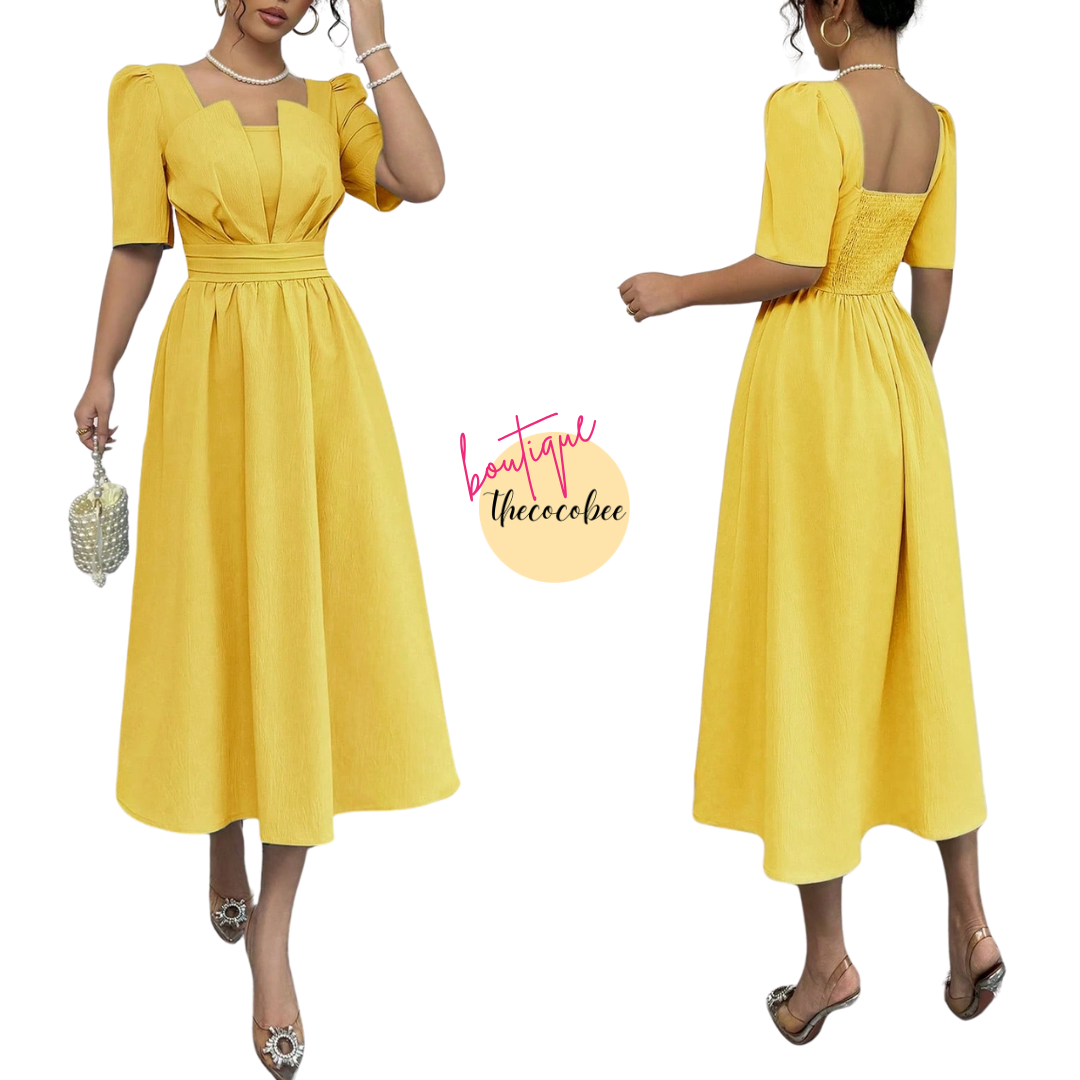 #113 Yellow Minimalist Waist Cinching Midi Dress