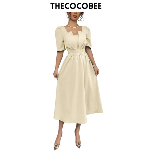 #113 Apricot Minimalist Waist-Cinched Midi Length Dress